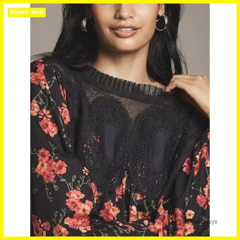 Floral Lace Blouse Long Sleeve Crew Neck Loose Fit Bohemian Top - Picture 5 of 5